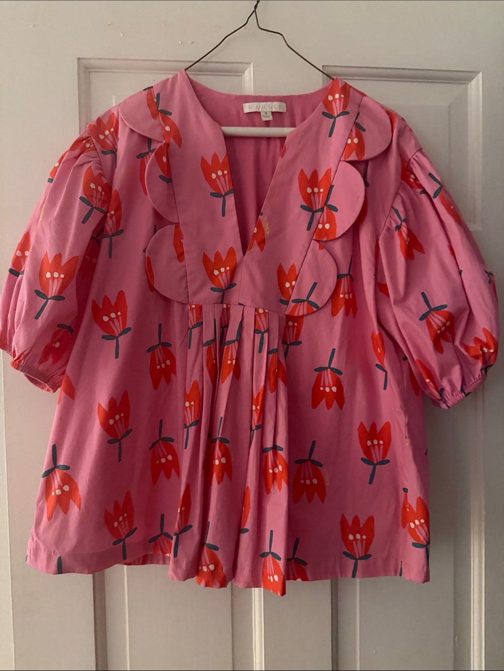 Pink Floral Puff Sleeve Top with Scalloped Collar- Karlie